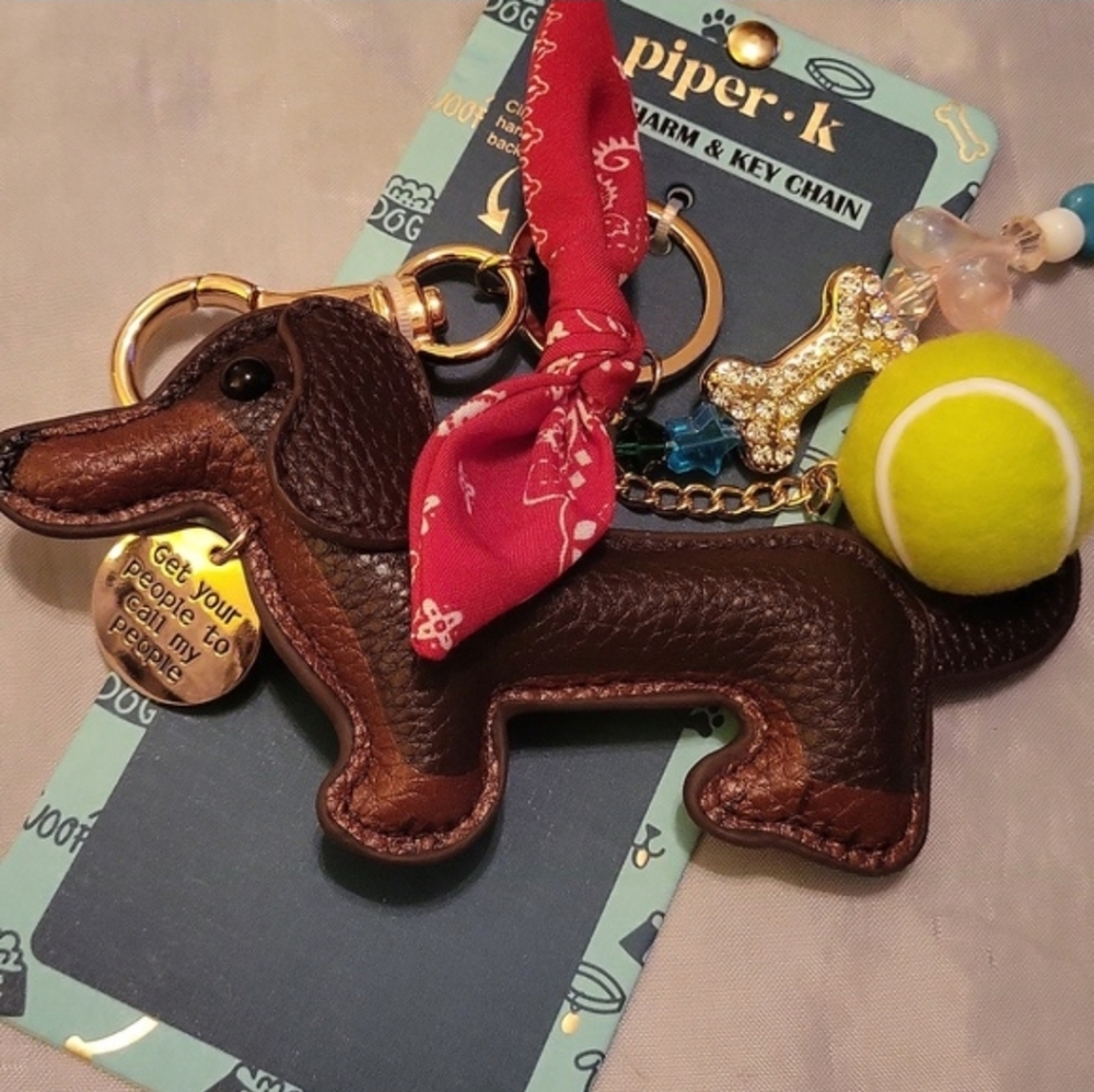 Piper K Dachshund Dog Keychain with Red Bandana, Ball, Bone HL TL